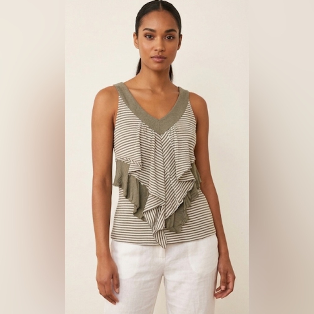 v-neck olive green and white striped tank with ruffled faux front